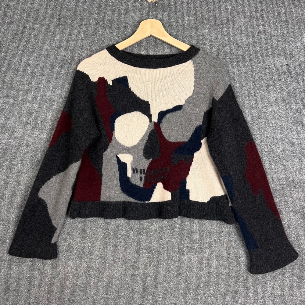 Skull Cashmere Sweater Womens S Multi Intarsia Knit Skull Pattern